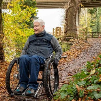 Travelling downhill with the Trekinetic K2 manual wheelchair.